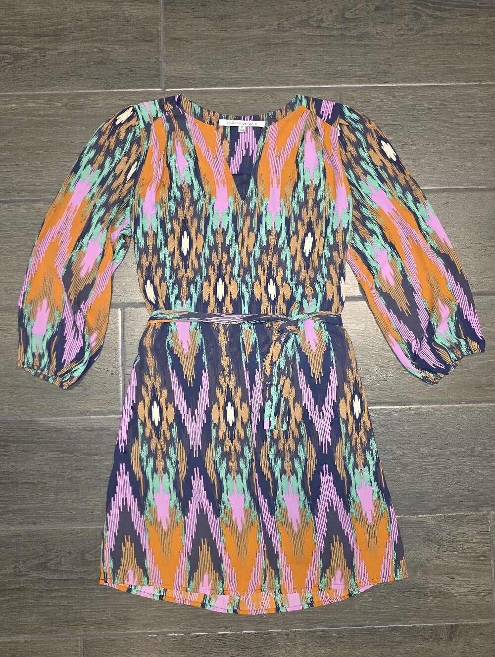Collective Concepts Colorful Boho Abstract Geometric Tribal V-Neck Dress w/ Tie